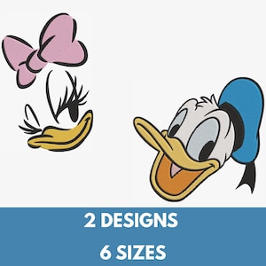 May include: Two cartoon character faces, a duck with a blue hat and a duck with a pink bow. The duck with the blue hat is smiling and the duck with the pink bow has eyelashes. The text "2 DESIGNS" and "6 SIZES" is below the images.