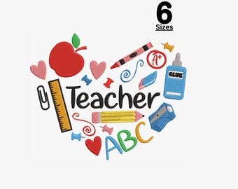 Teacher Heart Embroidery Design: School Supplies (6 Sizes) (Digital Download)