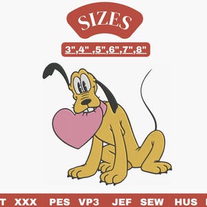 Könnte beinhalten: Cartoon-Illustration von Pluto, einem gelben Hund, der ein rosa Herz im Maul hält. Das Bild enthält den Text "SIZES" und Größenoptionen von 7,6 cm bis 20,3 cm. Das Design ist wahrscheinlich für Stickereien oder digitale Kunst.