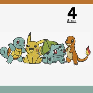 Peut inclure: Un motif de broderie représentant quatre personnages populaires de Pokemon : Carapuce, Pikachu, Bulbizarre et Salamèche. Le motif est disponible en quatre tailles.