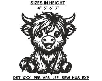 Borduurontwerp baby Highland Cow, borduurbestand boerderijdieren, 4 maten, Instant Download