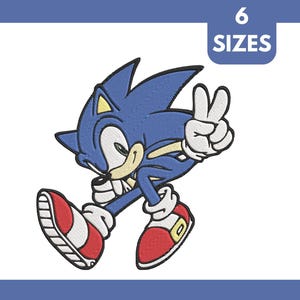 May include: Embroidered patch featuring Sonic the Hedgehog in a dynamic pose, with a peace sign gesture. The character is primarily blue with white gloves, red shoes, and yellow accents. The patch is labeled with "6 SIZES" in a blue box.