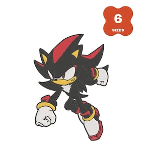 May include: Embroidered patch featuring Shadow the Hedgehog in a dynamic pose. The character is primarily black with red and yellow accents. A red and orange tag in the upper right corner reads "6 SIZES".