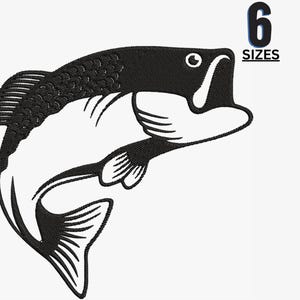 Bass Fishing Embroidery Design: Fish Hook Machine Pattern (6 Sizes) (Digital Download)