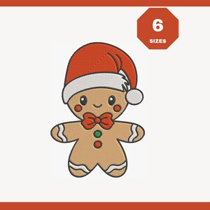 May include: A gingerbread man wearing a Santa hat and bow tie. The gingerbread man has a smiling face, rosy cheeks, and a green button. The image includes the text "6 SIZES" in a red and white octagon.