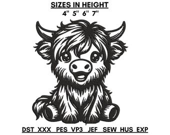 Borduurontwerp baby Highland Cow: boerderijdierenbestand (4 maten) (directe download)