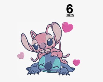 Fichier de motifs de broderie Stitch And Angel, motif de broderie Lilo et Stitch, motifs de broderie Stitch, 6 tailles, Stitch et Lilo emb