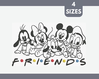 May include: Black and white line art illustration of Mickey Mouse, Minnie Mouse, Donald Duck, Goofy, and Pluto as babies. The characters are arranged in a row and are all smiling. The text "FRIENDS" is below the characters in black with colorful dots between the letters.