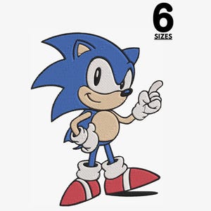 Puede incluir: Personaje de dibujos animados azul y blanco con un zapato rojo y blanco. El personaje está de pie con un brazo levantado y apuntando con un dedo. El texto "6 SIZES" está por encima del personaje.