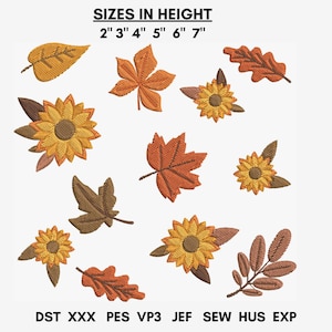 Op de afbeelding: Een set van 10 borduurmotieven met herfstbladeren en zonnebloemen in verschillende maten, variërend van 5 tot 18 cm hoog. De ontwerpen zijn beschikbaar in de formaten DST, XXX, PES, VP3, JEF, SEW, HUS en EXP.