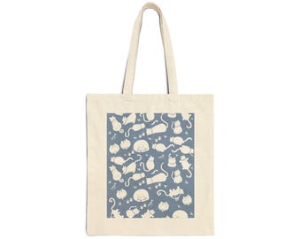 Blue Cat Print Tote Bag: Minimalist Cotton Canvas, Gift for the Cat Lovers