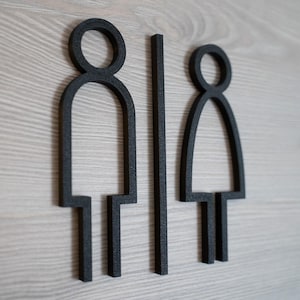 Könnte beinhalten: Schwarz-weiße Silhouetten-Schilder für eine Toilette, mit einer stilisierten männlichen Figur links und einer stilisierten weiblichen Figur rechts.