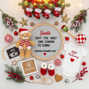 Faire-part de grossesse numérique de Noël \ Faire-part de bébé \ Non sexiste\ Modèle modifiable\ Je serai à la maison pour Noël