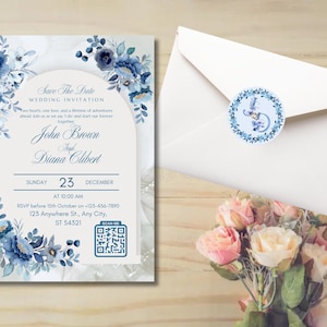 エレガントなカスタム両面印刷可能な結婚式招待状。ご希望の言語（英語、フランス語、アラビア語、スペイン語、ポルトガル語など）で作成できます。