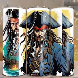 May include: A white tumbler with a colorful illustration of a pirate character with a black hat, red bandana, and blue and white clothing. The pirate has long, braided hair and a beard. The background is yellow with a white stripe.