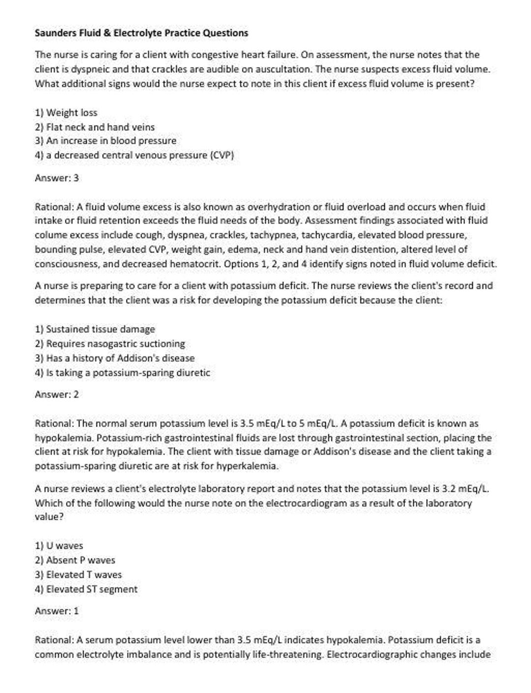 Saunders Sample Question Saunders Fluid & Electrolyte Practice Questions - Etsy