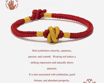 Red Tibetan Bracelet with Vajra Lucky Knot, Protection Amulet, Handmade Natural Cotton Cord