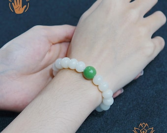 白翡翠菩提樹＆香灰ビーズブレスレット、弾力性のある仏教の守護ジュエリー、禅瞑想用数珠、男性と女性へのヒーリングエネルギーギフト