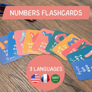 1～100の3か国語数字フラッシュカード | アラビア語、フランス語、英語 | モンテッソーリの印刷可能なカウントカード | バイリンガルキッズ学習