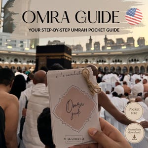 Ilustrowane karty przewodnika Umrah Dua z krok po kroku wskazówkami duchowymi, praktycznymi poradami, przypomnieniami o modlitwie i niezbędnymi rzeczami do podróży