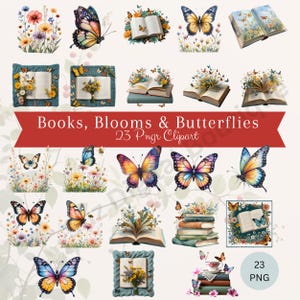 Livres, fleurs et papillons, clipart fleurs sauvages, papillons et livre PNG transparents, images graphiques fantaisistes, usage commercial