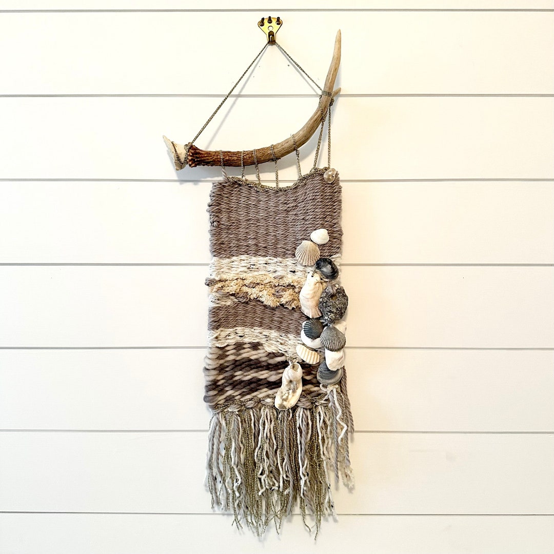 Woven Textile Wall Hanging Shells Antler Etsy