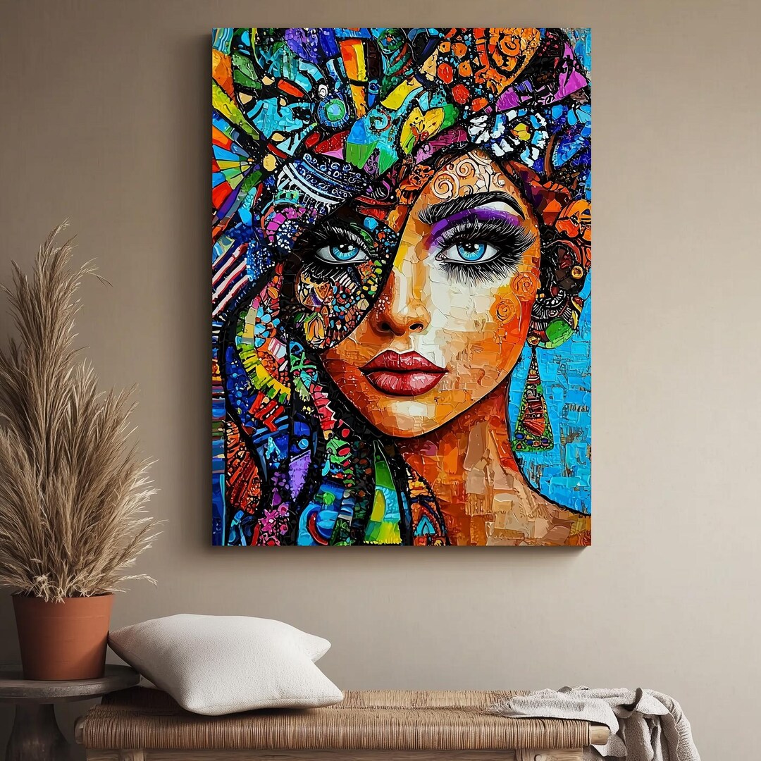 Abstract Woman Wall Art Print, Bohemian Vibrant Goddess Mosaic Inspired ...