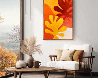 Arte murale astratta ispirata a Matisse, download digitale minimalista e caldo, arredamento moderno boho per la casa, stampa di forme organiche morbide in arancione e terracotta