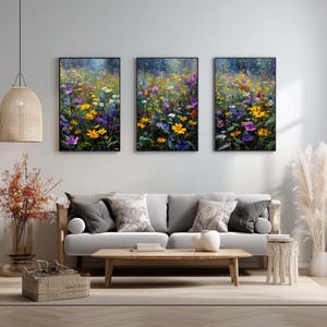 Wildblumenfeld Wand Kunst Drucke, Packung mit 3 Blumen Frühling Landschaft Gemälde, beruhigende bunte Wiese, botanische Natur Wand Digital Dekor