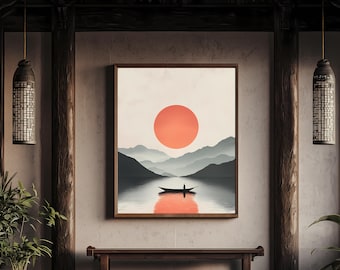 Minimalist Zen Sunset Wall Art, Calming Japandi Nature Print, Scandinavian Japanese Fusion Landscape, Boho Red Sun Artwork, Digital Download
