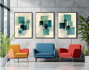 Modern Minimalist Geometric Shapes Prints Set, Pack of 3 Abstract Wall Posters, Mid Century Scandinavian Wall Decor, Digital Download