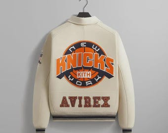 Handmade New York Knicks Avirex Varsity Jacket, Cream Leather Bomber, Limited Edition NBA Kith Jacket, Streetwear Fashion for Men