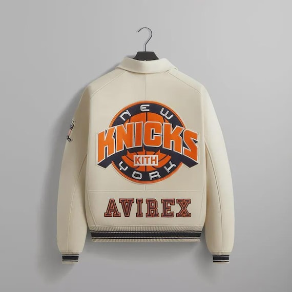 AVIREX VARSITY LEATHER JACKET クリーム Handmade New York Knicks Avirex Varsity Jacket, Cream Leather