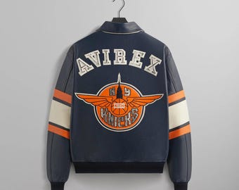 Handmade Avirex x KITH New York Knicks Leather Varsity Jacket, Limited Edition NBA Bomber, Premium Sportswear, Vintage-Inspired Streetwear