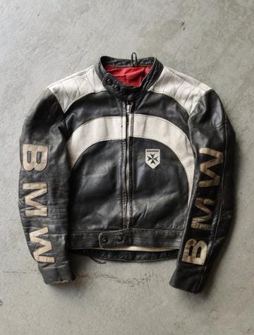 Handmade BMW Vintage Leather Motorcycle Jacket, Retro Biker Café Racer Coat, Classic Black & White Riding Gear