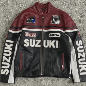 Handmade Suzuki Leather Jacket, Team Suzuki Racing Moto Jacket, Michelin Motul Arrow Patches, Men's Retro Biker Jacket, Cafe Racer Gear