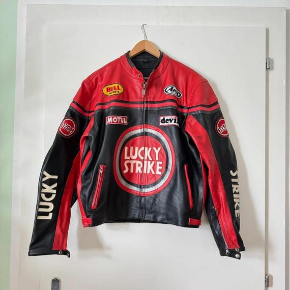 Suzuki Lucky Strike ジャケット 赤黒 Handmade Lucky Strike Racing Leather Jacket, Moto Biker Jacket