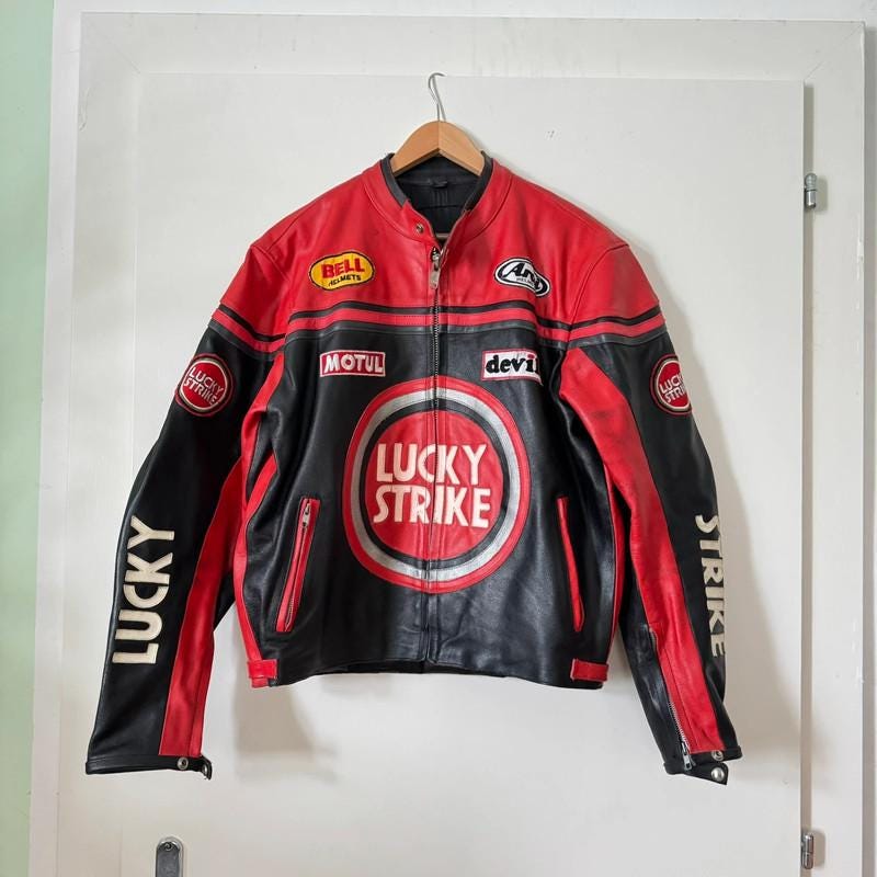 Leather Racing Jacket Lucky Strike - Etsy Leather Racing Jacket Lucky Strike - Etsy