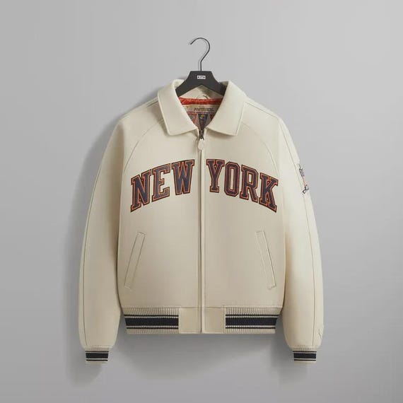 AVIREX VARSITY LEATHER JACKET クリーム Handmade New York Knicks Avirex Varsity Jacket, Cream Leather