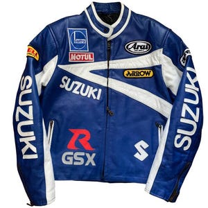 Chaqueta de cuero Suzuki Racing hecha a mano, equipo de motociclismo GSX Suzuki, ajuste personalizado, materiales de alta calidad, moda para motociclistas y deportes de motor, unisex.