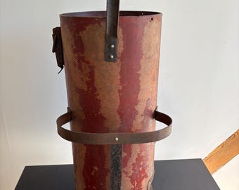 Antique Industrial Pressboard Cylinder: Distressed Red Vessel, Iron Handles, Rustic Decor Umbrella Stand