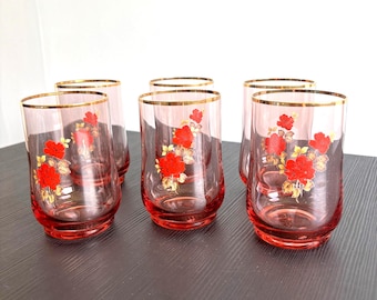 Vintage Pink Rose Glasses with Gold Rim – Set of 6 Cottagecore Tumblers