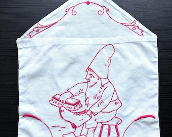 Hand Embroidered Gnome Wall Hanging Pocket Organizer, Scandinavian Tomte Mail Pouch