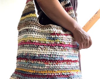 Handmade Crochet Hobo Bag: Upcycled T-Shirt Yarn, Boho Multicolor Beach Tote