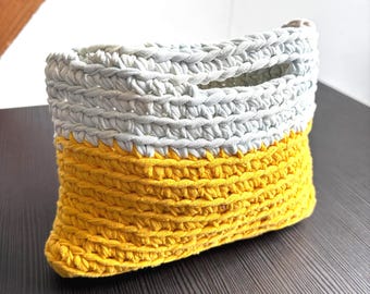 Handmade Crochet T-Shirt Yarn Bag: Yellow White Boho Crossbody Purse