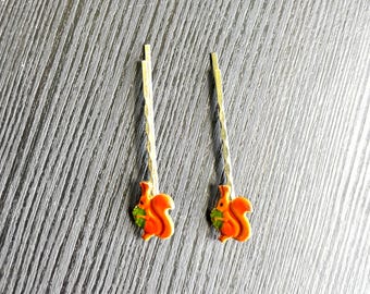 Vintage Orange Enamel Squirrel Bobby Pins Set, Woodland Animal Hair Clips