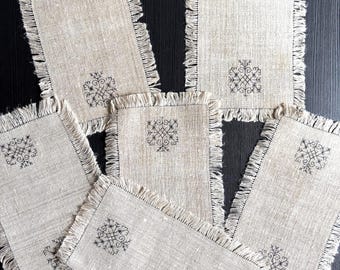 Hand-Embroidered Linen Placemats, Baltic Folk Austra Tree of Life, Mara Cross Coasters