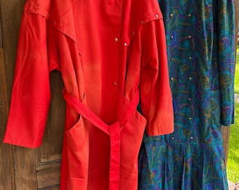 Vintage 1980s Womens Clothing,Made in Latvia Red Cotton Trench Coat OR Paisley Pleated Midi Dress, Soviet Era Eastern European Retro Fashion
