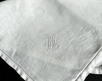 Vintage Cotton Damask Napkin, Hand Embroidered Monogram, Hemstitched Floral Tea Towel