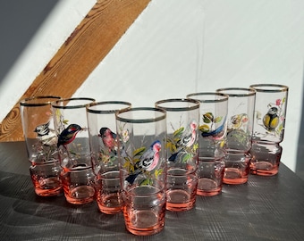 Set di bicchieri vintage con uccellini, base rosa, bicchieri in stile metà secolo, decorazioni per la cucina in stile cottagecore